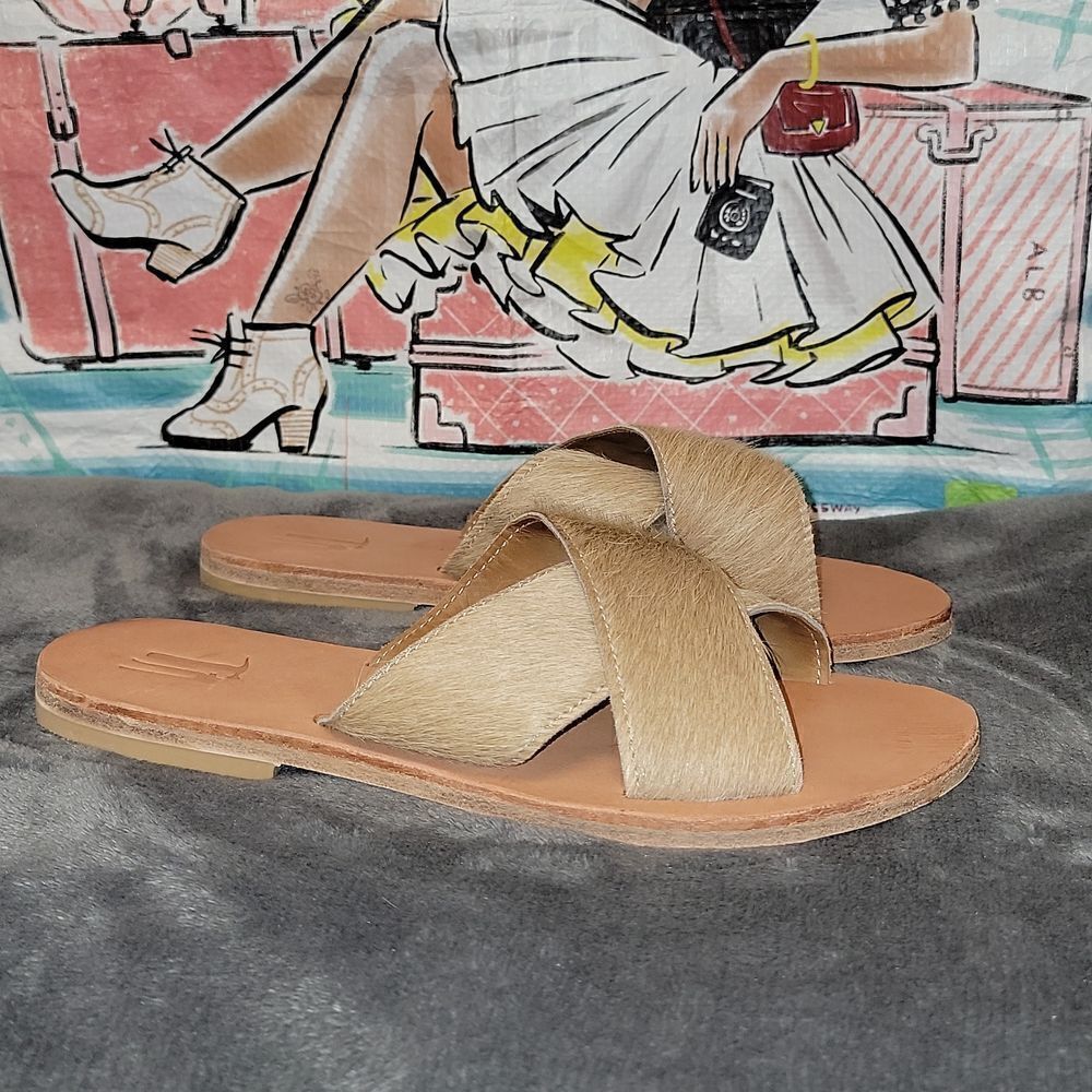 New Michael Grey The Sandal Factory Olive Exotic Blonde Hair On Slide Sandals 6